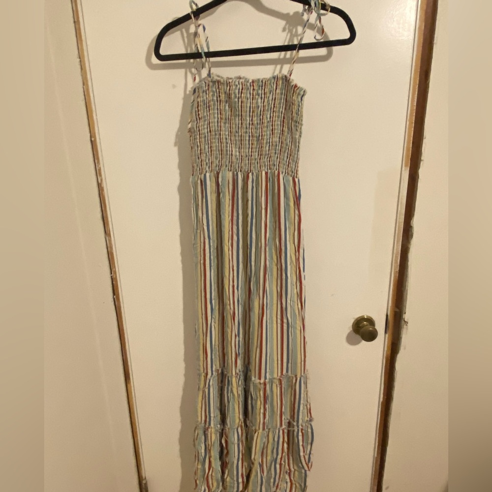 Long striped dress with tie straps. Colorful. Size small.